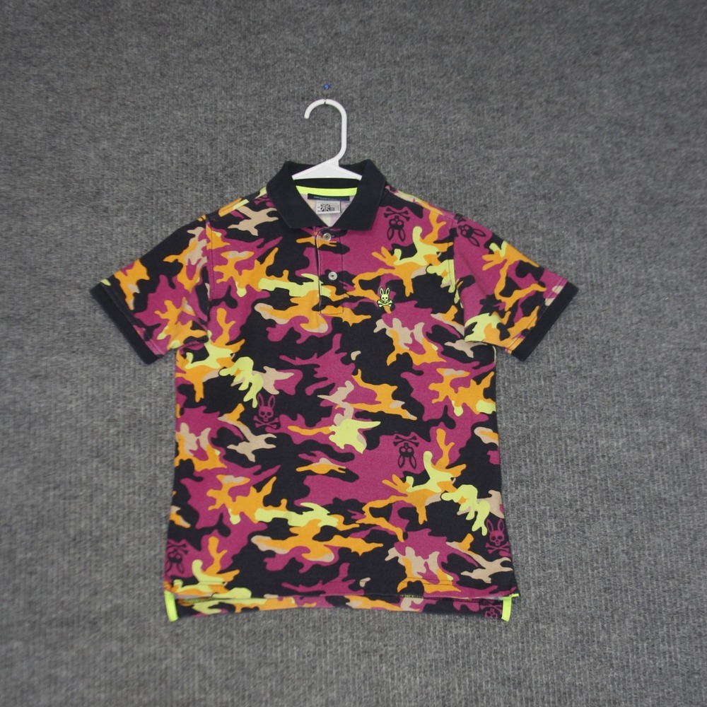 Psycho Bunny Camo Polo Shirt Boys M 10/12 Pink Orange Yellow Camouflage Cotton‎